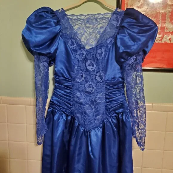 Vintage Royal Blue 80s Long Sleeve Lace A Line Prom Party Dress Women's Size 12 - Picture 13 of 15